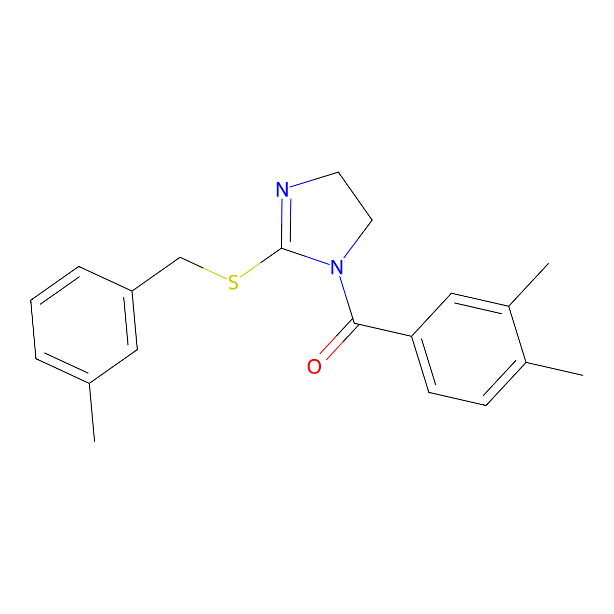 (3,4-dimethylphenyl)(2-((3-methylbenzyl)thio)-4,5-dihydro-1H-imidazol-1-yl)methanone molecular structure, CAS 851803-22-0