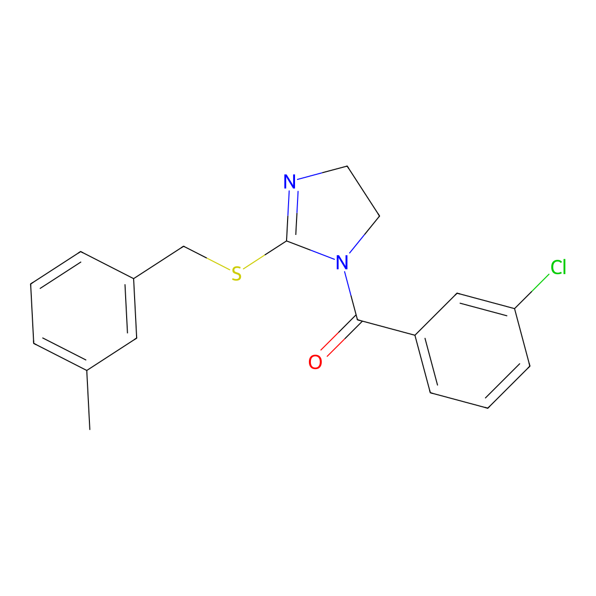 (3-Chlorophenyl)-[2-[(3-methylphenyl)methylsulfanyl]-4,5-dihydroimidazol-1-yl]methanone molecular structure, CAS 851803-41-3