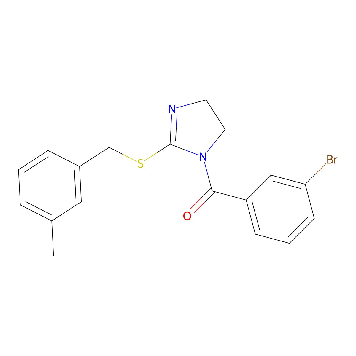 (3-bromophenyl)(2-((3-methylbenzyl)thio)-4,5-dihydro-1H-imidazol-1-yl)methanone molecular structure, CAS 851803-44-6