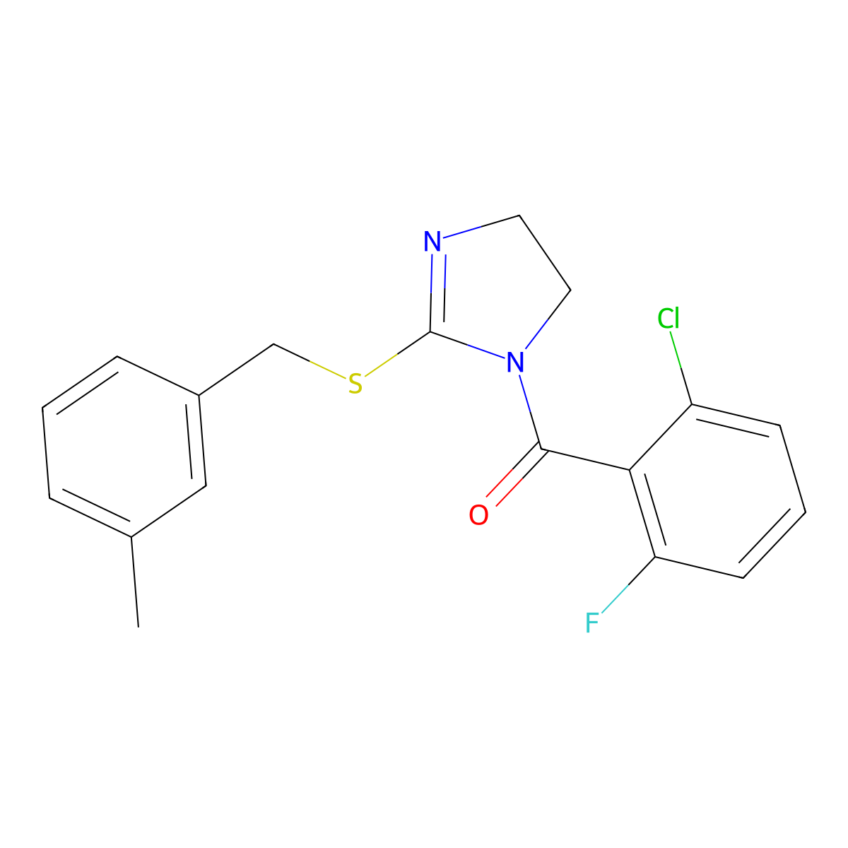 (2-Chloro-6-fluorophenyl)-[2-[(3-methylphenyl)methylsulfanyl]-4,5-dihydroimidazol-1-yl]methanone molecular structure, CAS 851803-48-0
