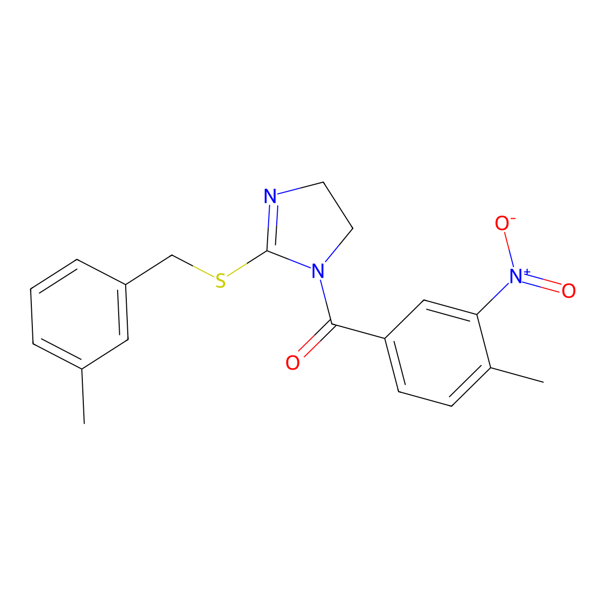 (4-methyl-3-nitrophenyl)(2-((3-methylbenzyl)thio)-4,5-dihydro-1H-imidazol-1-yl)methanone molecular structure, CAS 851803-54-8