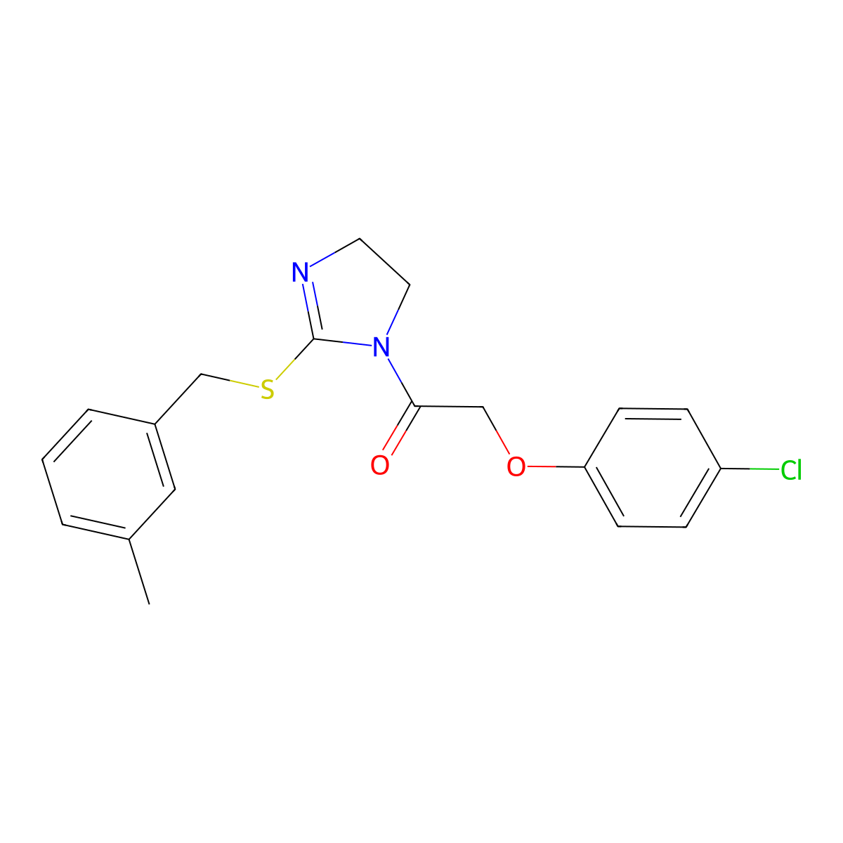 2-(4-Chlorophenoxy)-1-[2-[(3-methylphenyl)methylsulfanyl]-4,5-dihydroimidazol-1-yl]ethanone molecular structure, CAS 851803-57-1