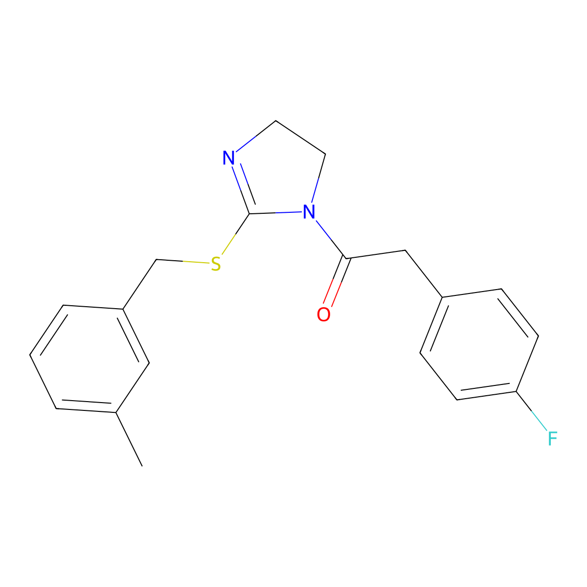 2-(4-Fluorophenyl)-1-[2-[(3-methylphenyl)methylsulfanyl]-4,5-dihydroimidazol-1-yl]ethanone molecular structure, CAS 851803-67-3