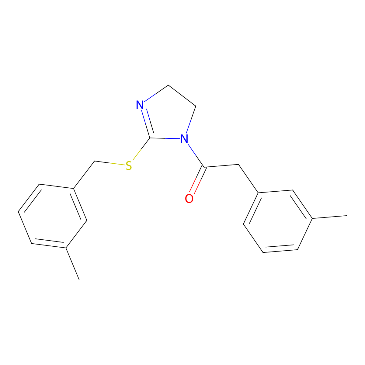 2-(3-Methylphenyl)-1-[2-[(3-methylphenyl)methylsulfanyl]-4,5-dihydroimidazol-1-yl]ethanone molecular structure, CAS 851803-69-5