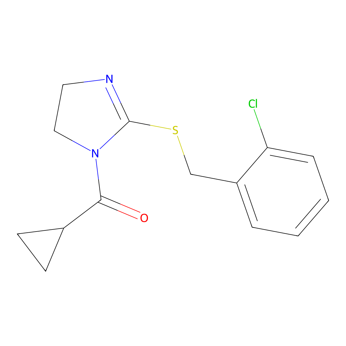 (2-((2-chlorobenzyl)thio)-4,5-dihydro-1H-imidazol-1-yl)(cyclopropyl)methanone molecular structure, CAS 851803-81-1