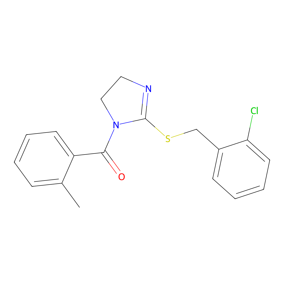 (2-((2-chlorobenzyl)thio)-4,5-dihydro-1H-imidazol-1-yl)(o-tolyl)methanone molecular structure, CAS 851803-86-6