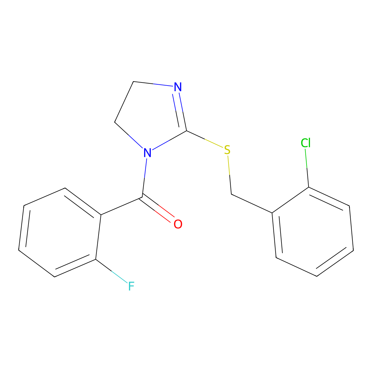 (2-((2-chlorobenzyl)thio)-4,5-dihydro-1H-imidazol-1-yl)(2-fluorophenyl)methanone molecular structure, CAS 851804-01-8