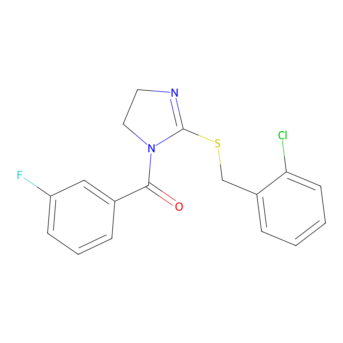 (2-((2-chlorobenzyl)thio)-4,5-dihydro-1H-imidazol-1-yl)(3-fluorophenyl)methanone molecular structure, CAS 851804-02-9