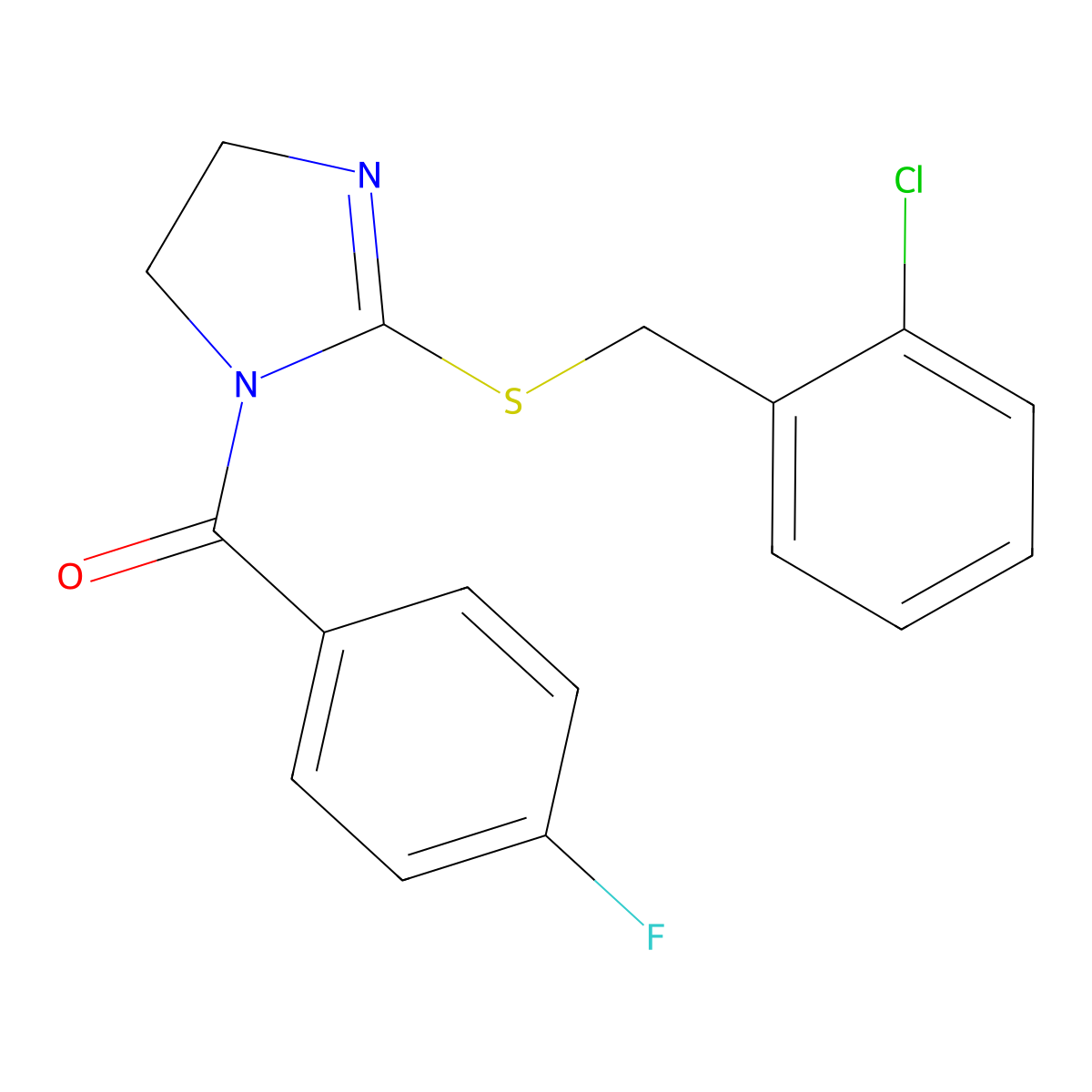 (2-((2-chlorobenzyl)thio)-4,5-dihydro-1H-imidazol-1-yl)(4-fluorophenyl)methanone molecular structure, CAS 851804-03-0