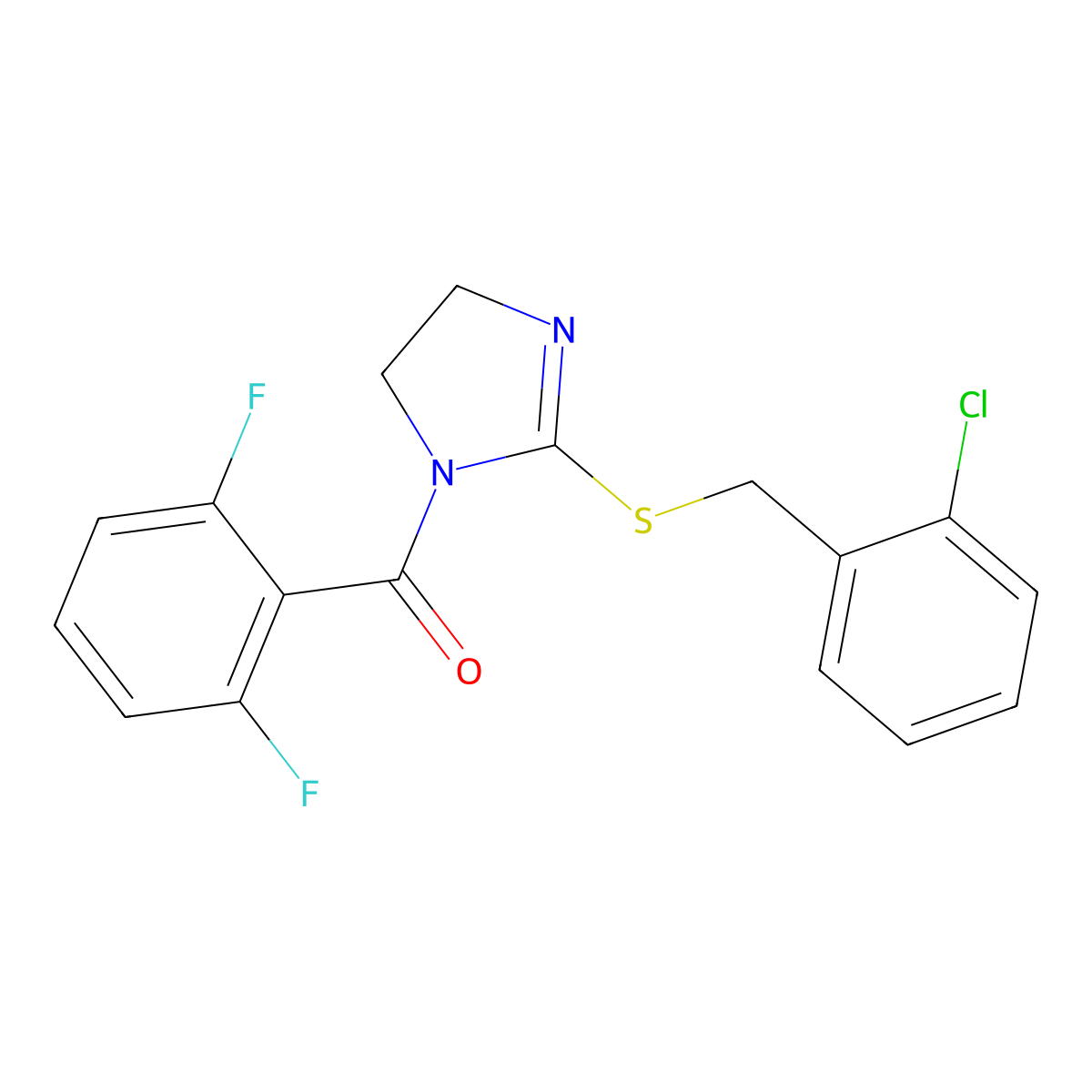 (2-((2-chlorobenzyl)thio)-4,5-dihydro-1H-imidazol-1-yl)(2,6-difluorophenyl)methanone molecular structure, CAS 851804-04-1