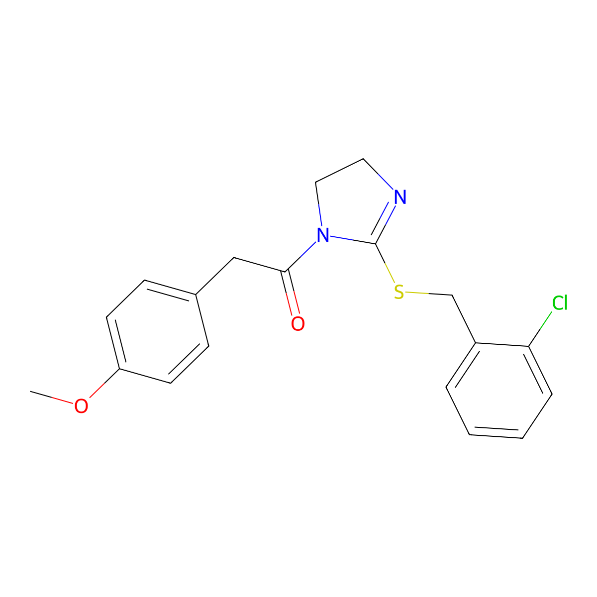 1-[2-[(2-Chlorophenyl)methylsulfanyl]-4,5-dihydroimidazol-1-yl]-2-(4-methoxyphenyl)ethanone molecular structure, CAS 851804-08-5
