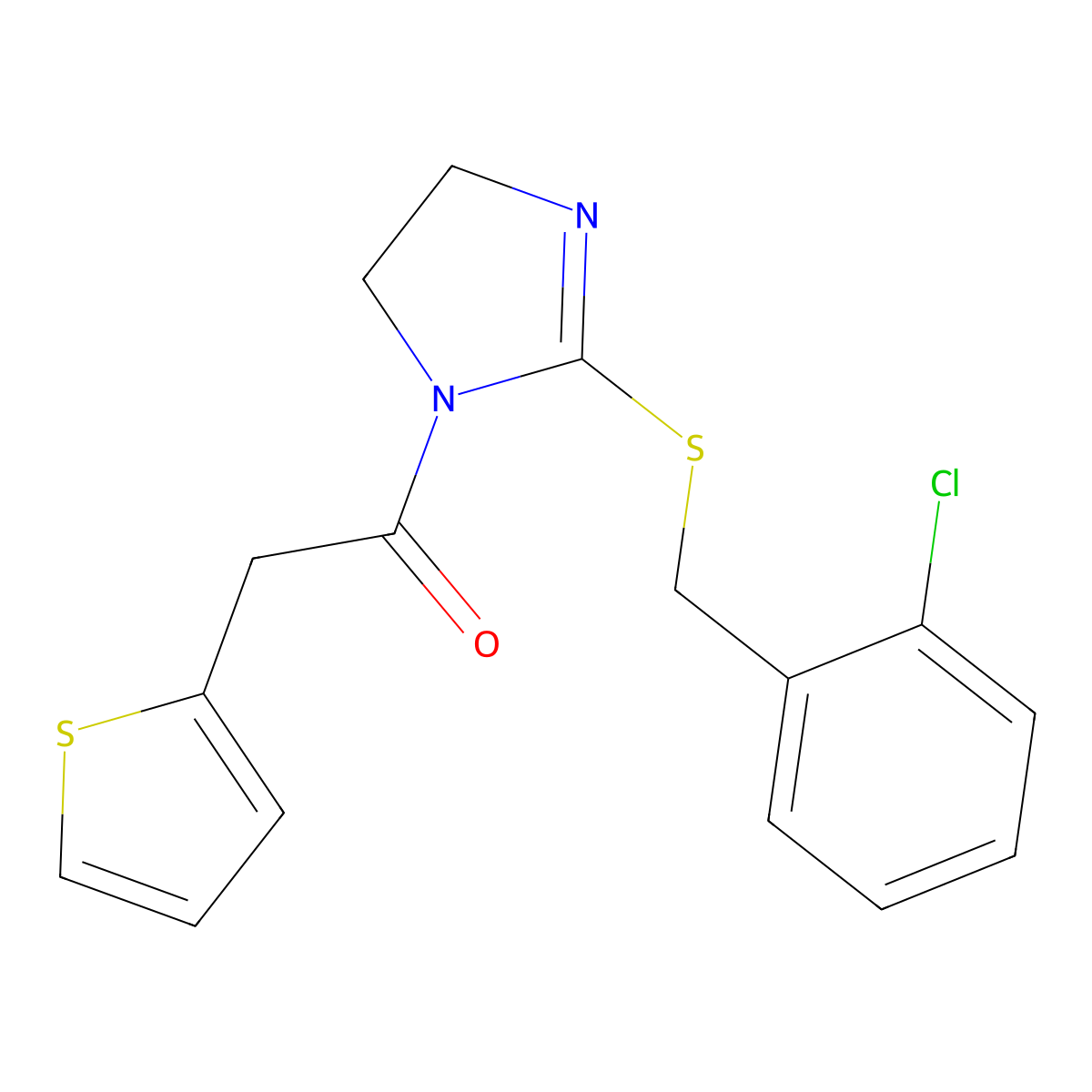 1-[2-[(2-Chlorophenyl)methylsulfanyl]-4,5-dihydroimidazol-1-yl]-2-thiophen-2-ylethanone molecular structure, CAS 851804-13-2