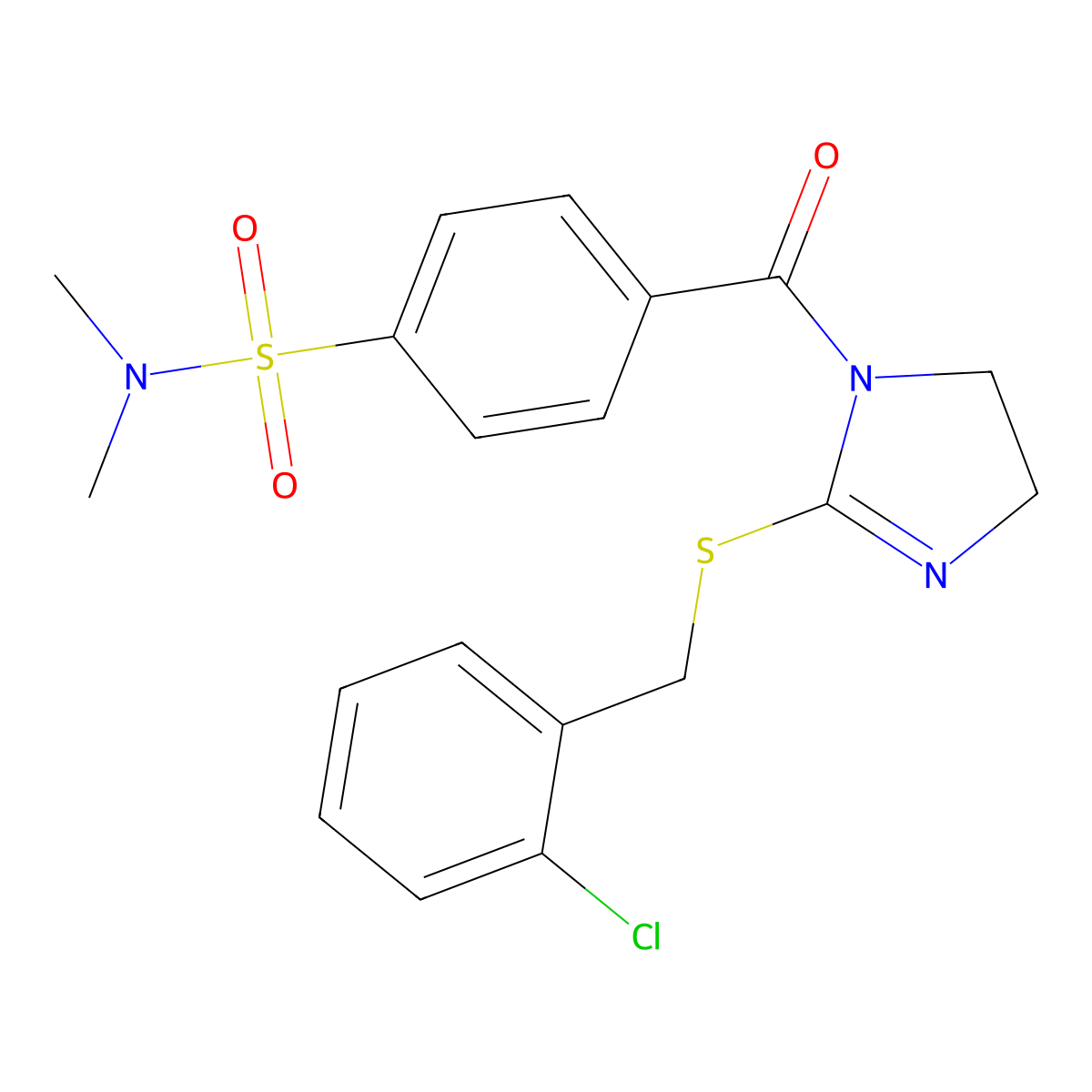4-(2-((2-chlorobenzyl)thio)-4,5-dihydro-1H-imidazole-1-carbonyl)-N,N-dimethylbenzenesulfonamide molecular structure, CAS 851804-14-3