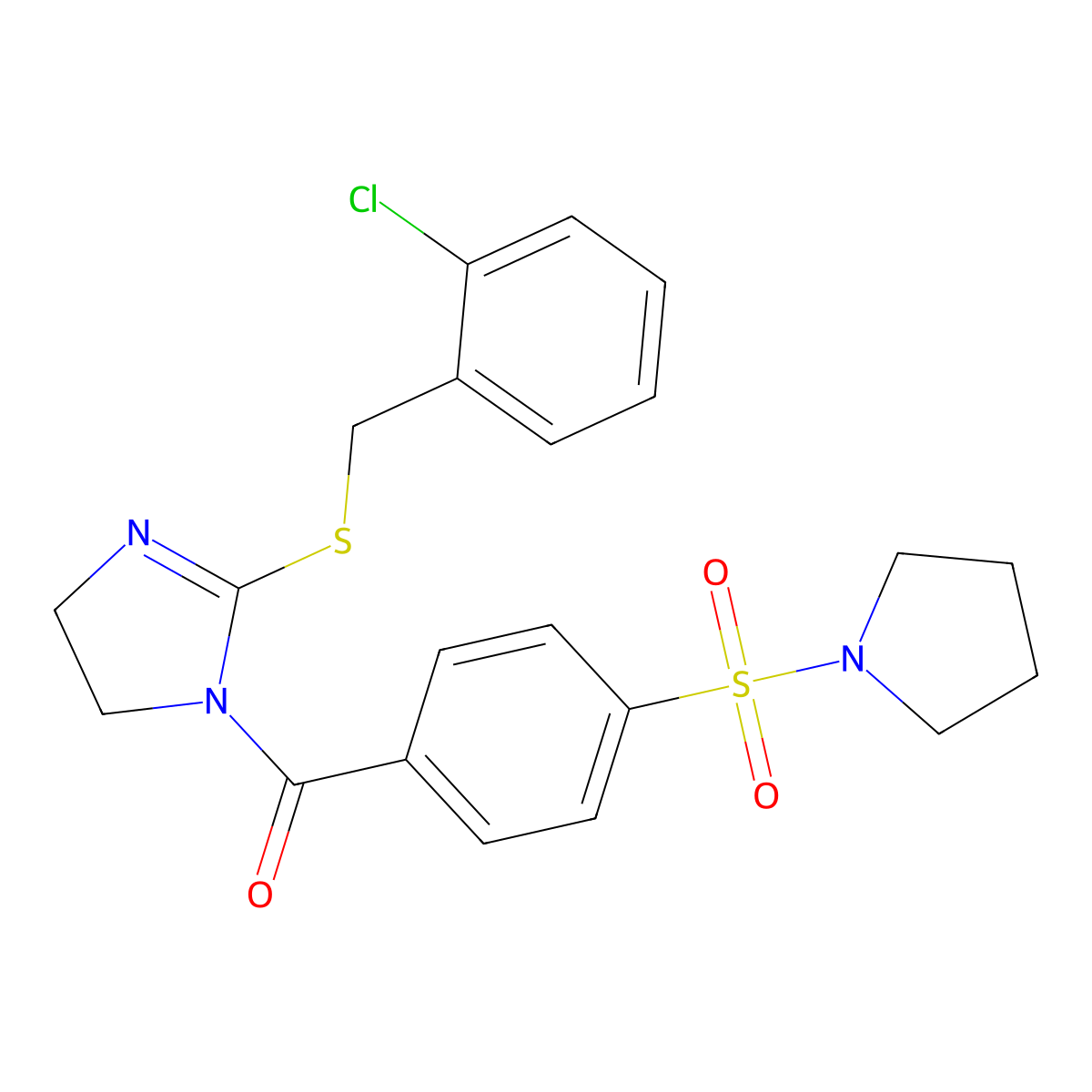 (2-((2-chlorobenzyl)thio)-4,5-dihydro-1H-imidazol-1-yl)(4-(pyrrolidin-1-ylsulfonyl)phenyl)methanone molecular structure, CAS 851804-16-5