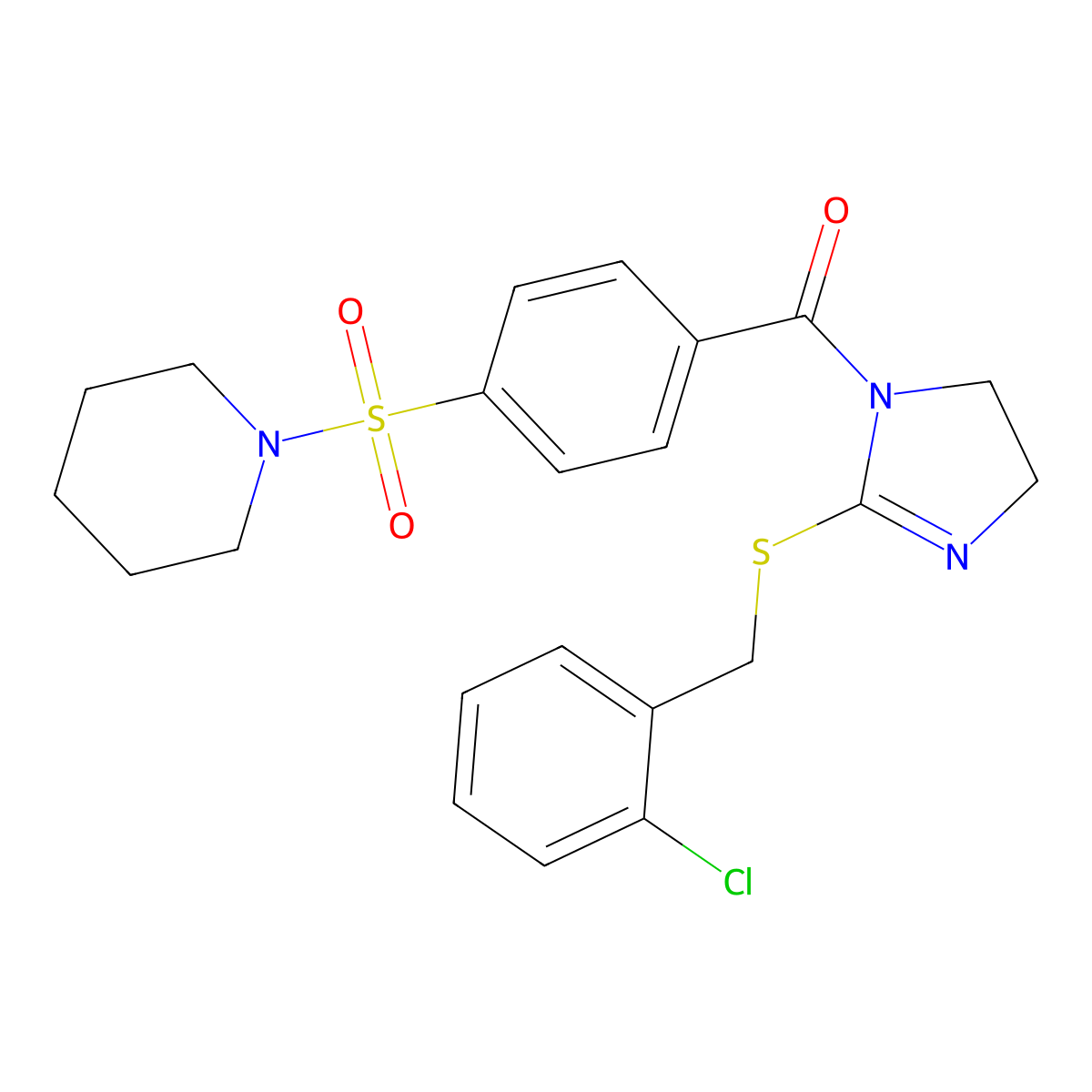 (2-((2-chlorobenzyl)thio)-4,5-dihydro-1H-imidazol-1-yl)(4-(piperidin-1-ylsulfonyl)phenyl)methanone molecular structure, CAS 851804-17-6