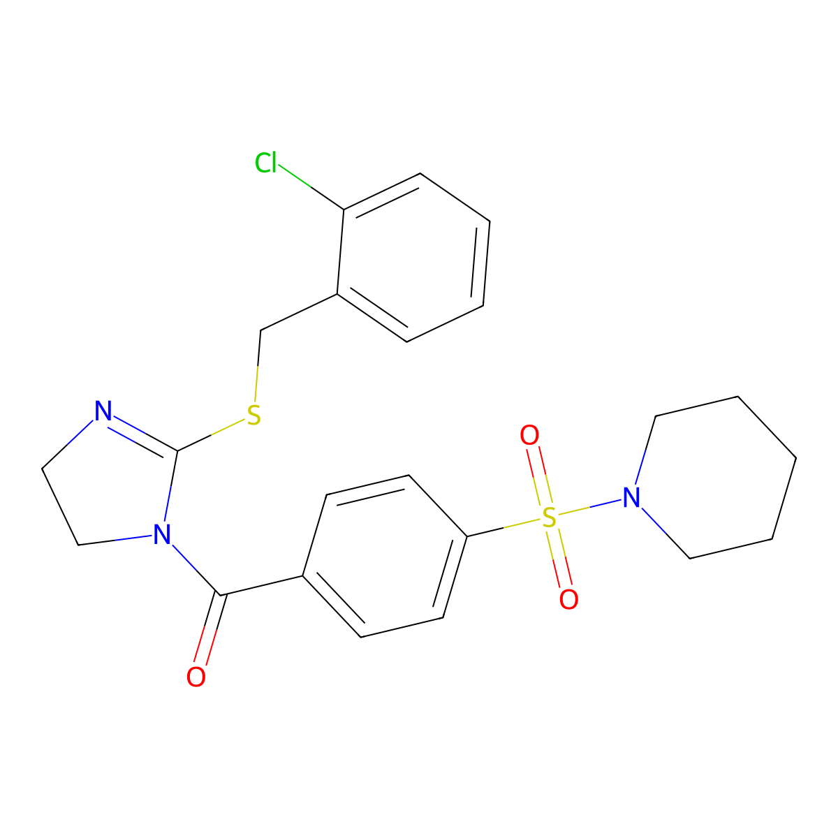 (2-((2-chlorobenzyl)thio)-4,5-dihydro-1H-imidazol-1-yl)(4-(piperidin-1-ylsulfonyl)phenyl)methanone molecular structure, CAS 851804-17-6