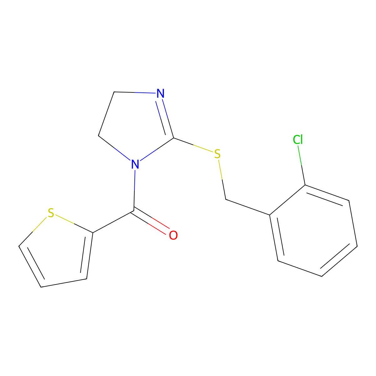 (2-((2-chlorobenzyl)thio)-4,5-dihydro-1H-imidazol-1-yl)(thiophen-2-yl)methanone molecular structure, CAS 851804-20-1