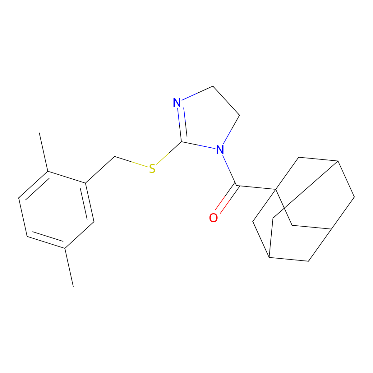 1-Adamantyl-[2-[(2,5-dimethylphenyl)methylsulfanyl]-4,5-dihydroimidazol-1-yl]methanone molecular structure, CAS 851804-27-8