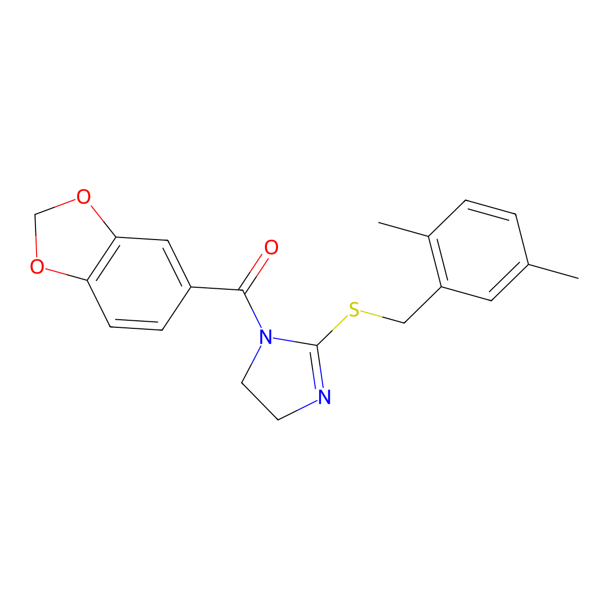 benzo[d][1,3]dioxol-5-yl(2-((2,5-dimethylbenzyl)thio)-4,5-dihydro-1H-imidazol-1-yl)methanone molecular structure, CAS 851804-41-6