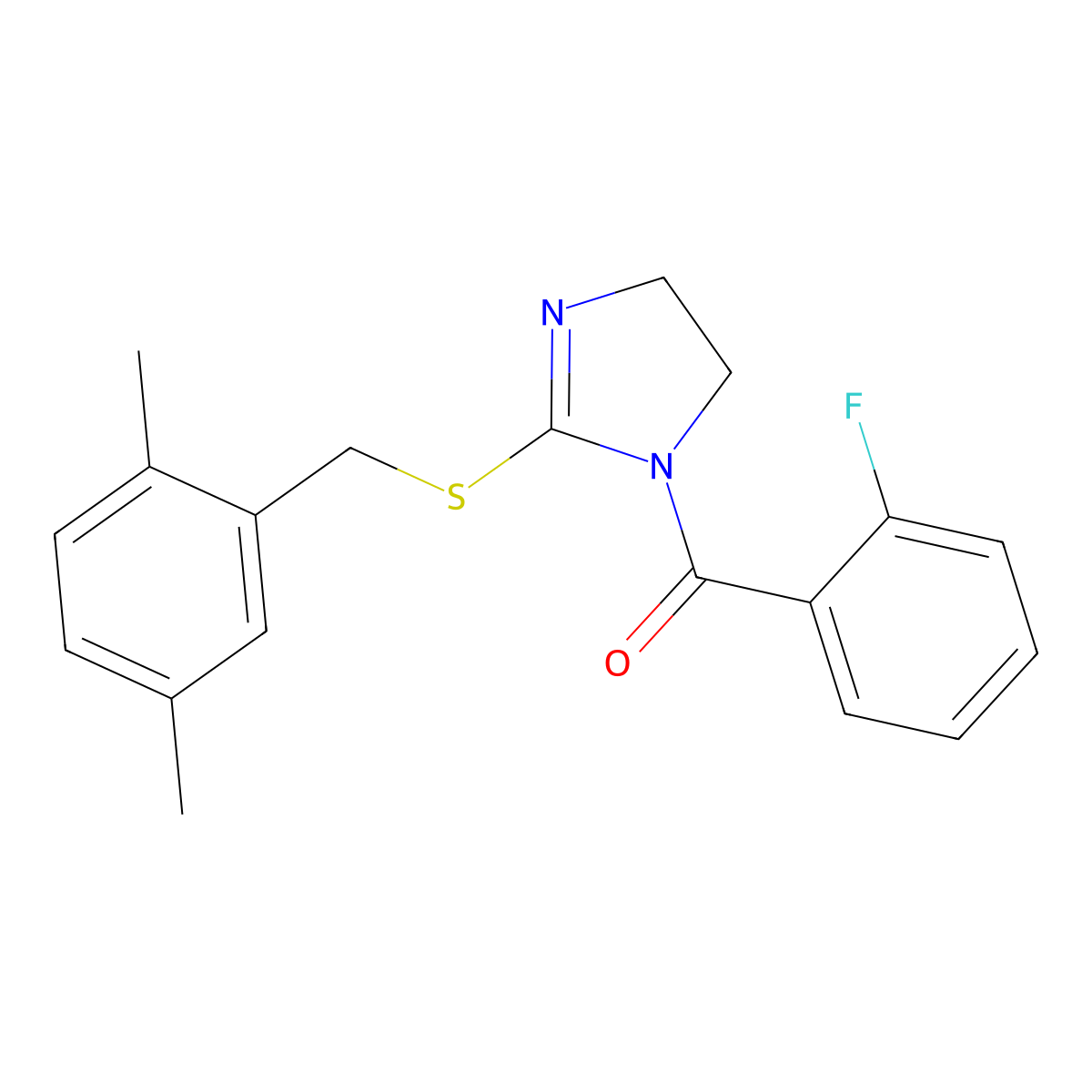(2-((2,5-dimethylbenzyl)thio)-4,5-dihydro-1H-imidazol-1-yl)(2-fluorophenyl)methanone molecular structure, CAS 851804-45-0