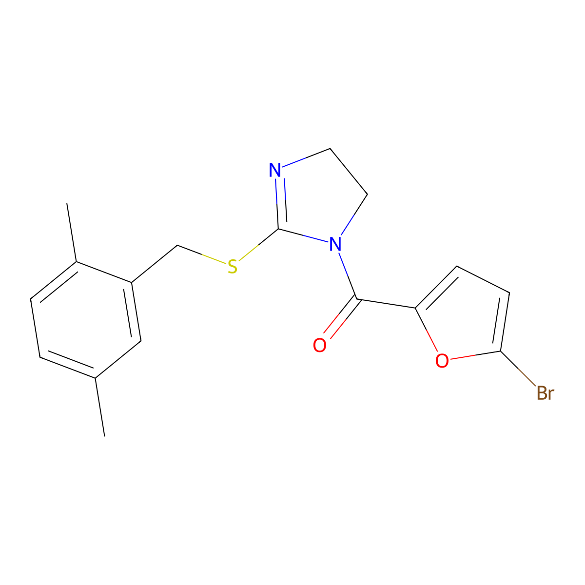(5-bromofuran-2-yl)(2-((2,5-dimethylbenzyl)thio)-4,5-dihydro-1H-imidazol-1-yl)methanone molecular structure, CAS 851804-72-3