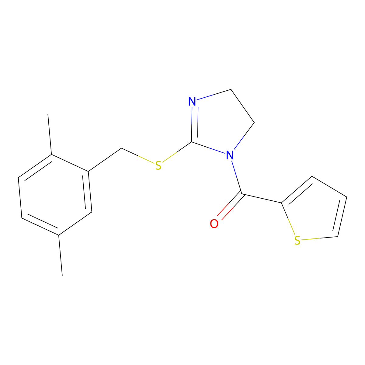 [2-[(2,5-Dimethylphenyl)methylsulfanyl]-4,5-dihydroimidazol-1-yl]-thiophen-2-ylmethanone molecular structure, CAS 851804-74-5