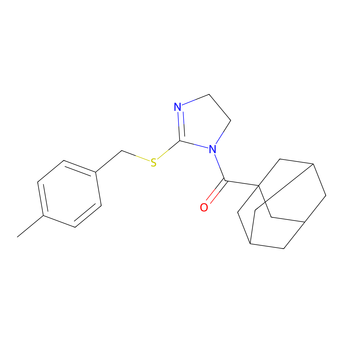 1-Adamantyl-[2-[(4-methylphenyl)methylsulfanyl]-4,5-dihydroimidazol-1-yl]methanone molecular structure, CAS 851804-81-4