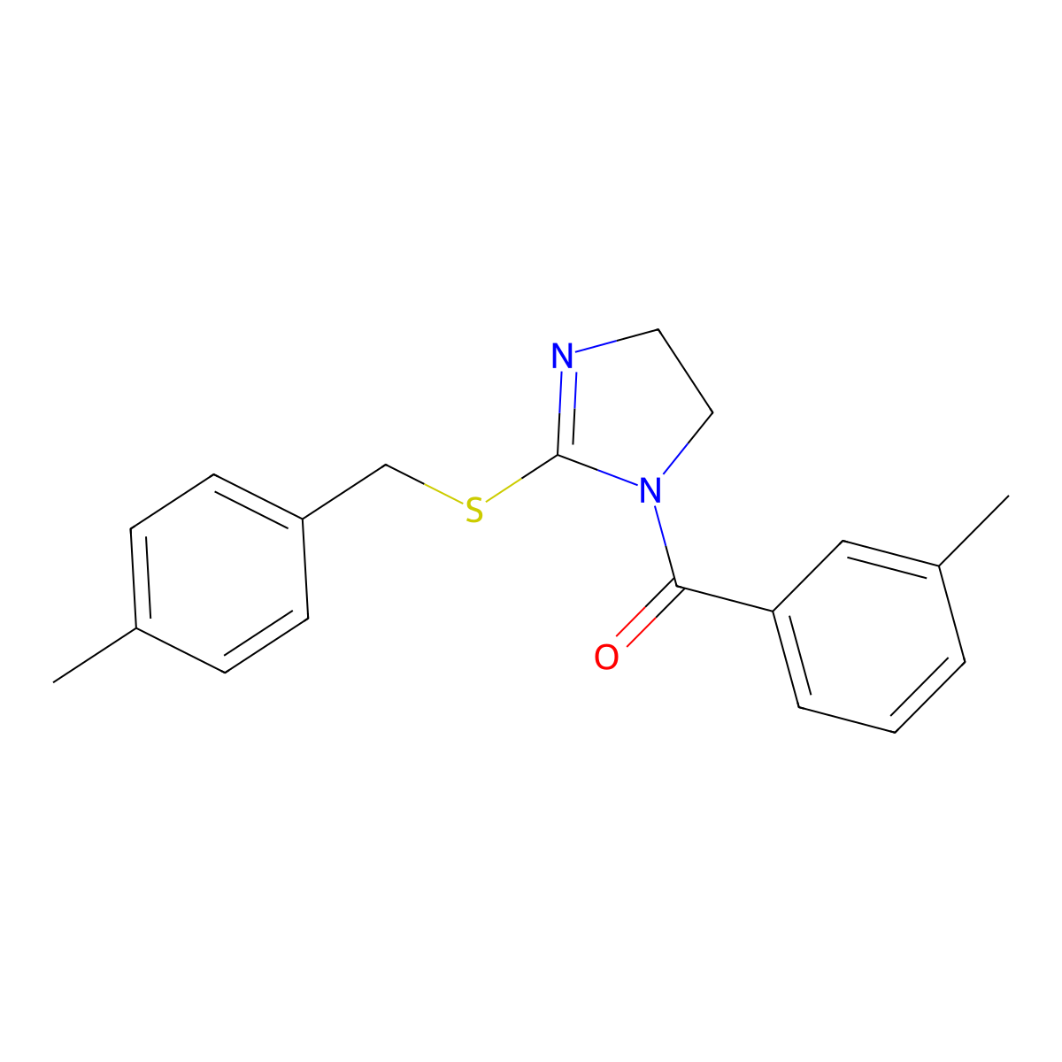 (2-((4-methylbenzyl)thio)-4,5-dihydro-1H-imidazol-1-yl)(m-tolyl)methanone molecular structure, CAS 851804-84-7