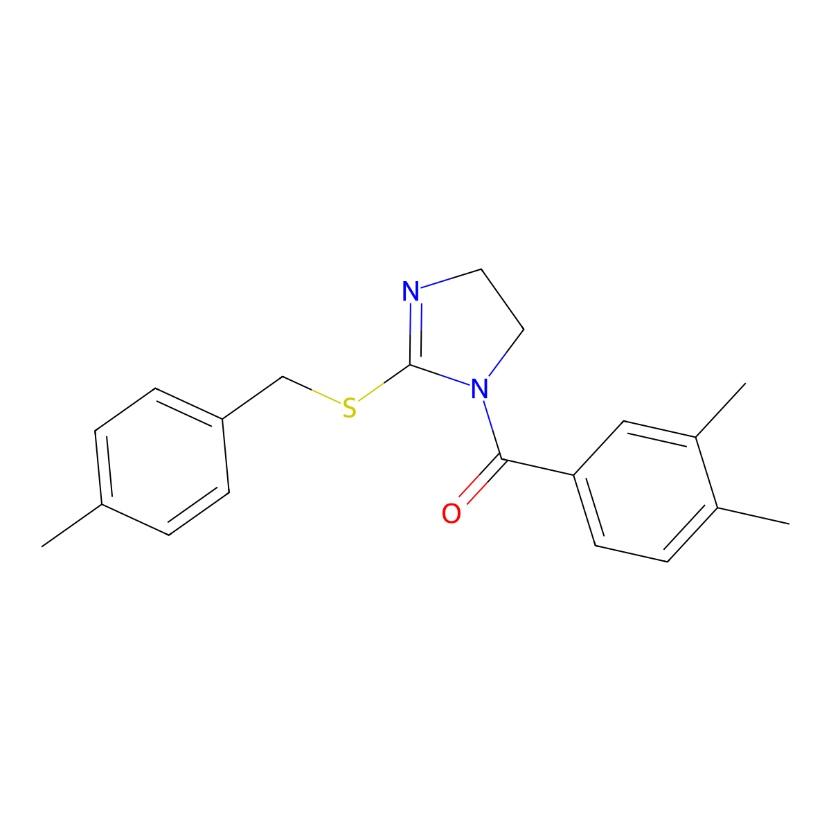 (3,4-dimethylphenyl)(2-((4-methylbenzyl)thio)-4,5-dihydro-1H-imidazol-1-yl)methanone molecular structure, CAS 851804-87-0