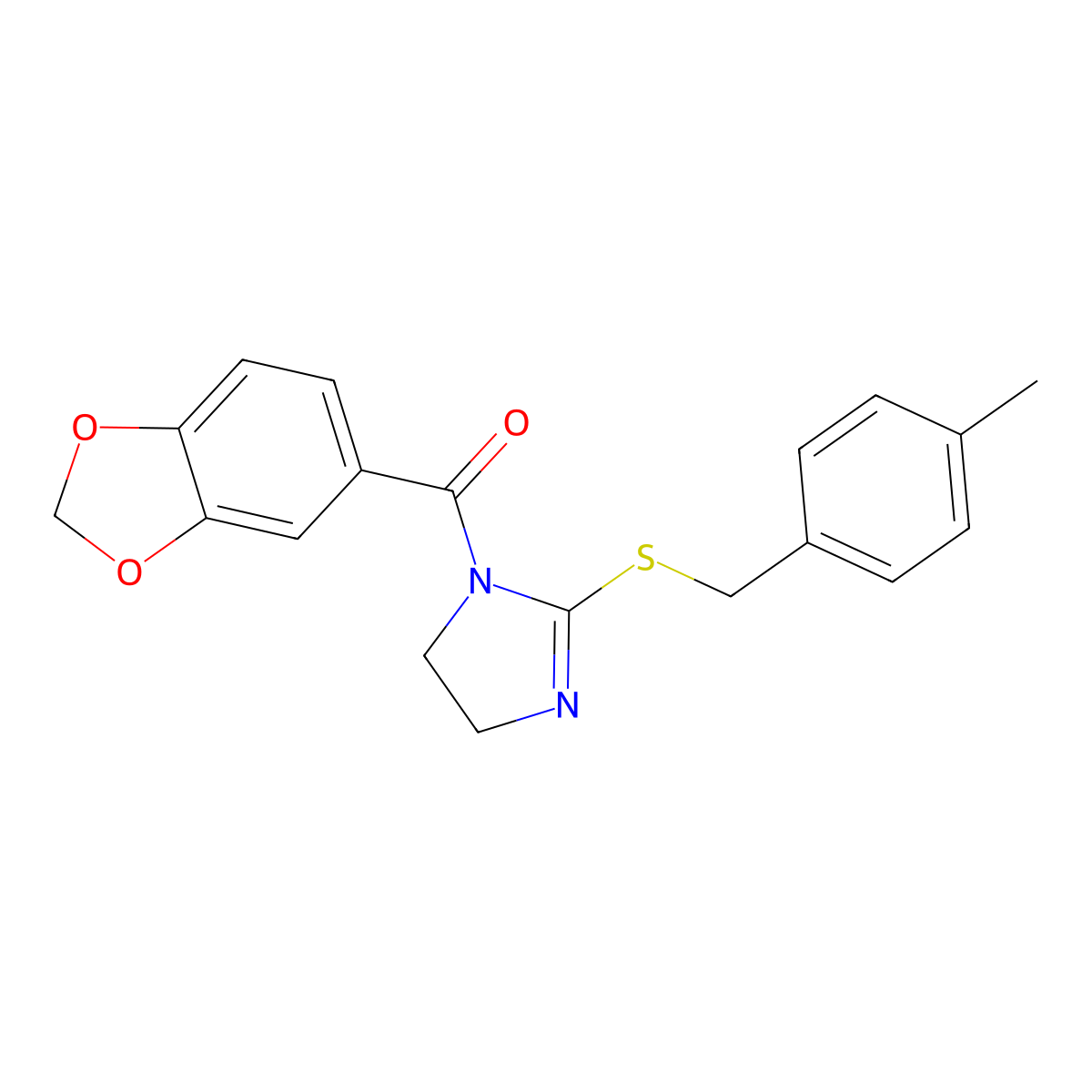 benzo[d][1,3]dioxol-5-yl(2-((4-methylbenzyl)thio)-4,5-dihydro-1H-imidazol-1-yl)methanone molecular structure, CAS 851804-98-3