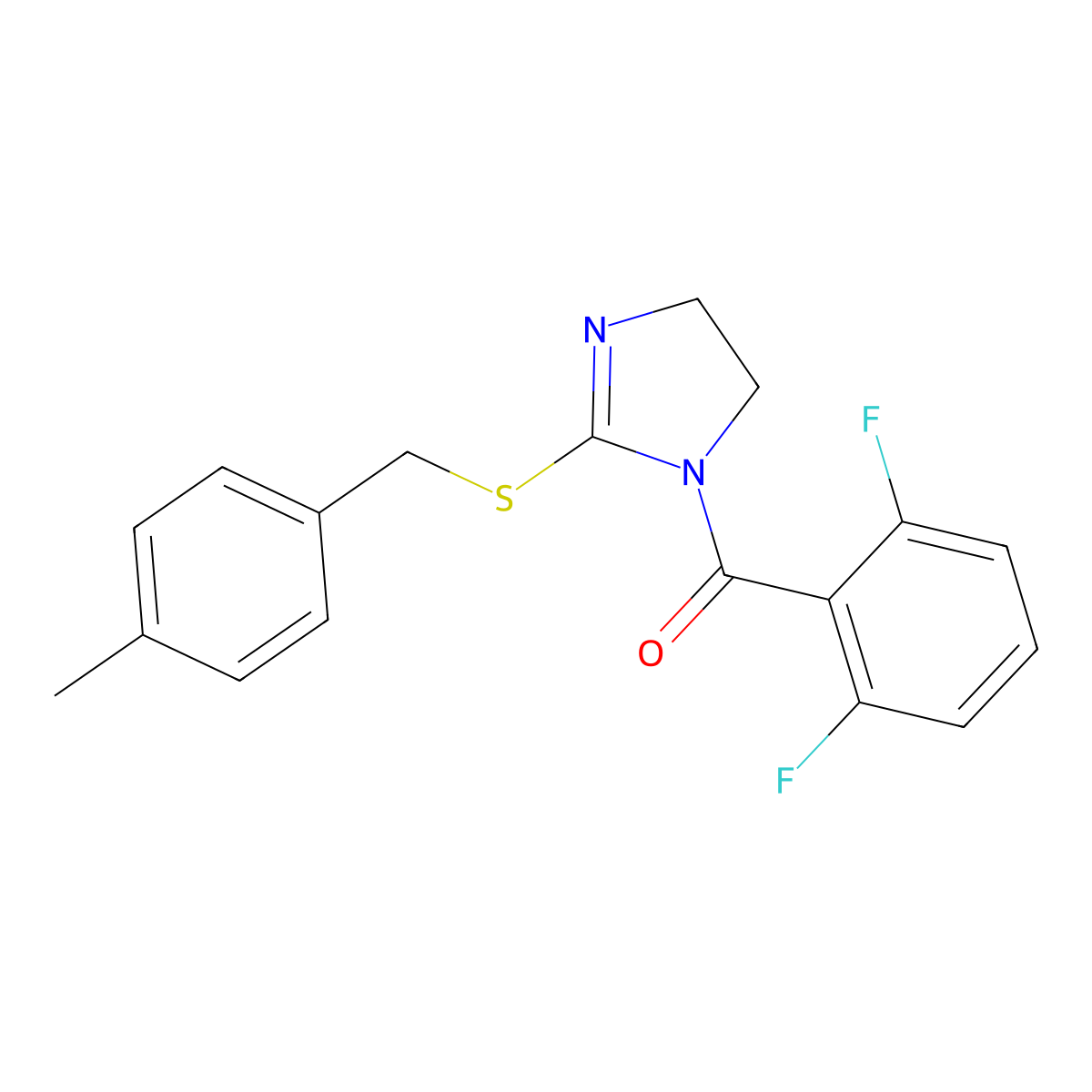 (2,6-difluorophenyl)(2-((4-methylbenzyl)thio)-4,5-dihydro-1H-imidazol-1-yl)methanone molecular structure, CAS 851805-11-3