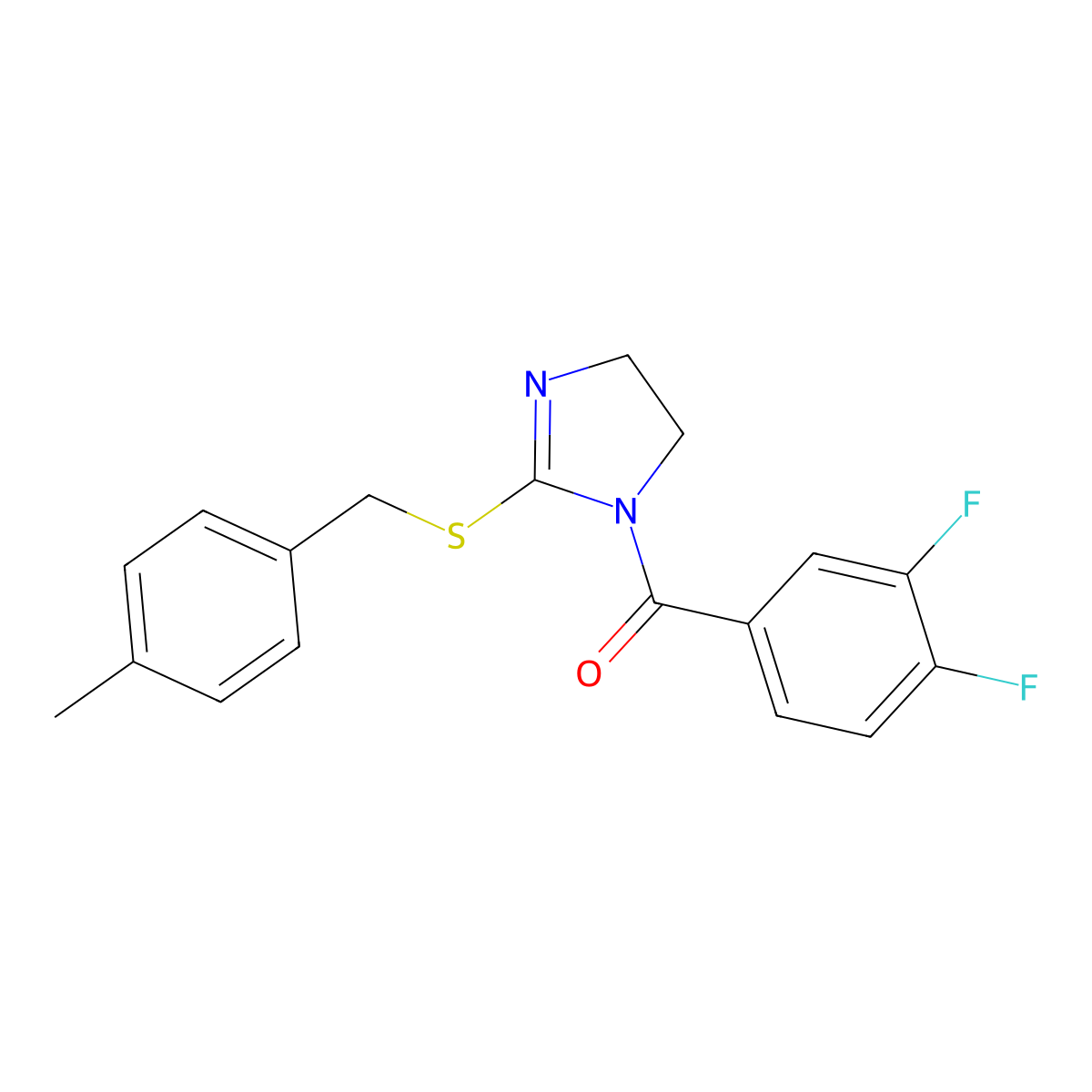(3,4-Difluorophenyl)-[2-[(4-methylphenyl)methylsulfanyl]-4,5-dihydroimidazol-1-yl]methanone molecular structure, CAS 851805-12-4