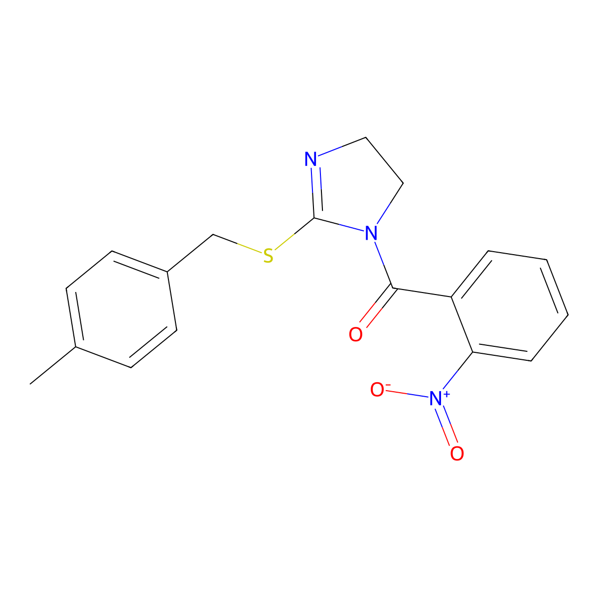 (2-((4-methylbenzyl)thio)-4,5-dihydro-1H-imidazol-1-yl)(2-nitrophenyl)methanone molecular structure, CAS 851805-15-7
