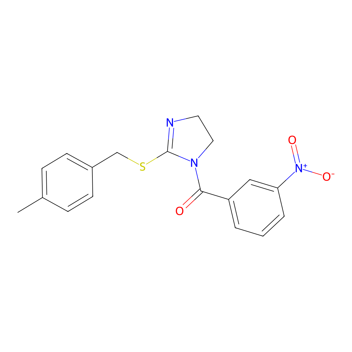 (2-((4-methylbenzyl)thio)-4,5-dihydro-1H-imidazol-1-yl)(3-nitrophenyl)methanone molecular structure, CAS 851805-16-8