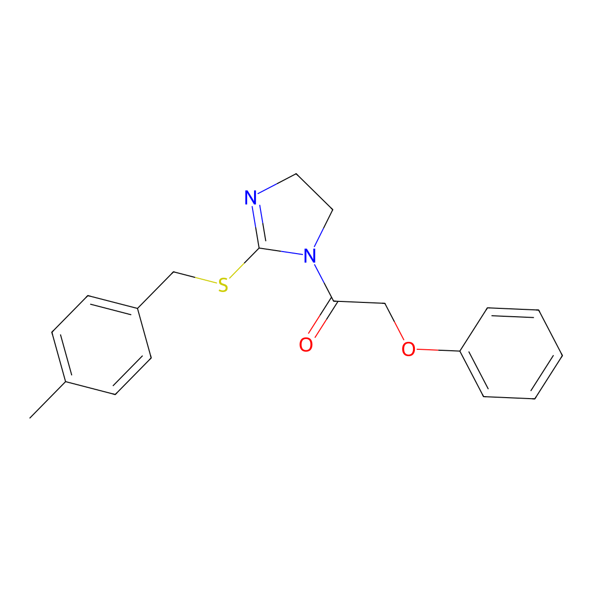 1-[2-[(4-Methylphenyl)methylsulfanyl]-4,5-dihydroimidazol-1-yl]-2-phenoxyethanone molecular structure, CAS 851805-20-4