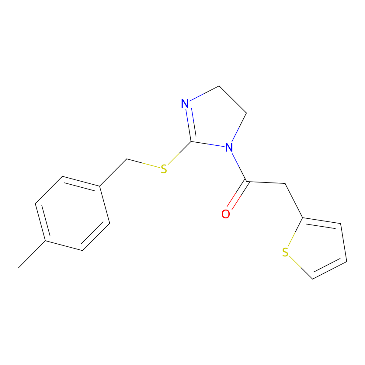 1-[2-[(4-Methylphenyl)methylsulfanyl]-4,5-dihydroimidazol-1-yl]-2-thiophen-2-ylethanone molecular structure, CAS 851805-30-6