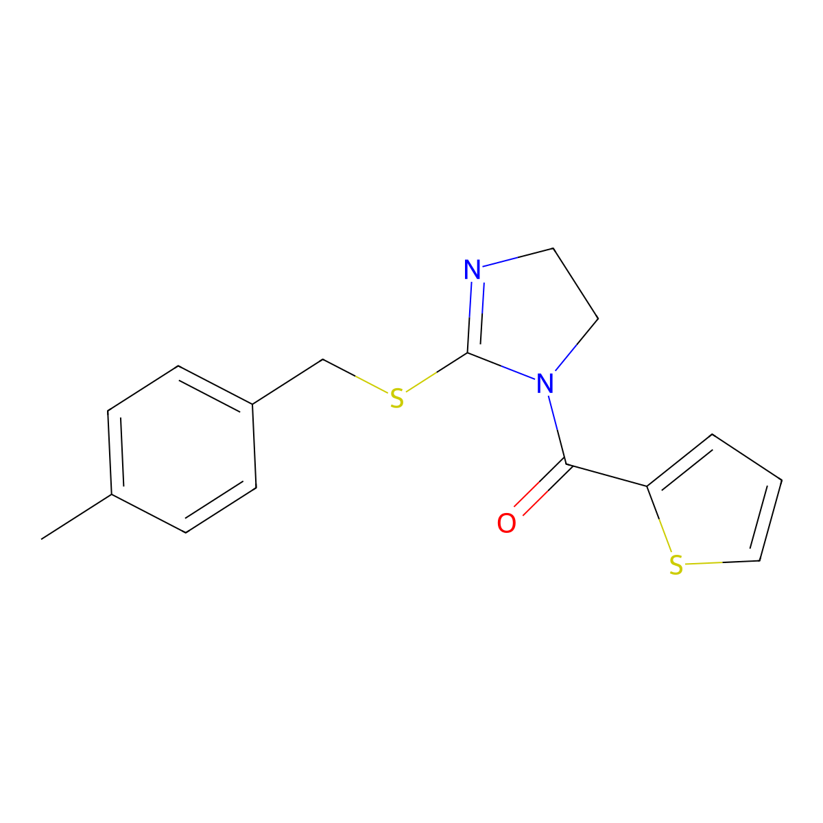 (2-((4-methylbenzyl)thio)-4,5-dihydro-1H-imidazol-1-yl)(thiophen-2-yl)methanone molecular structure, CAS 851805-51-1