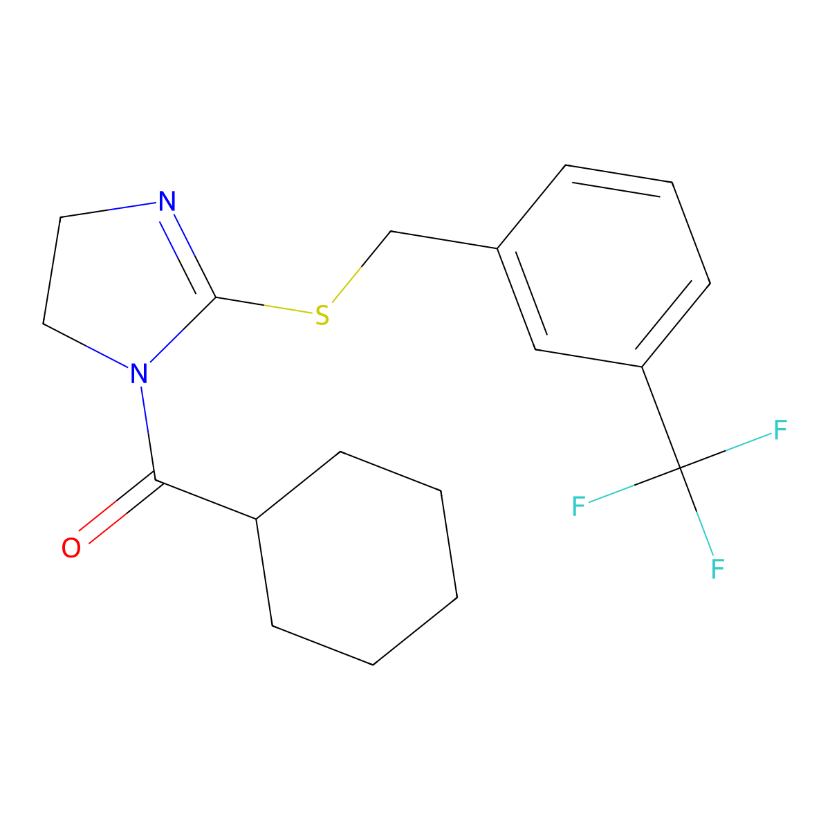 cyclohexyl(2-((3-(trifluoromethyl)benzyl)thio)-4,5-dihydro-1H-imidazol-1-yl)methanone molecular structure, CAS 851805-57-7