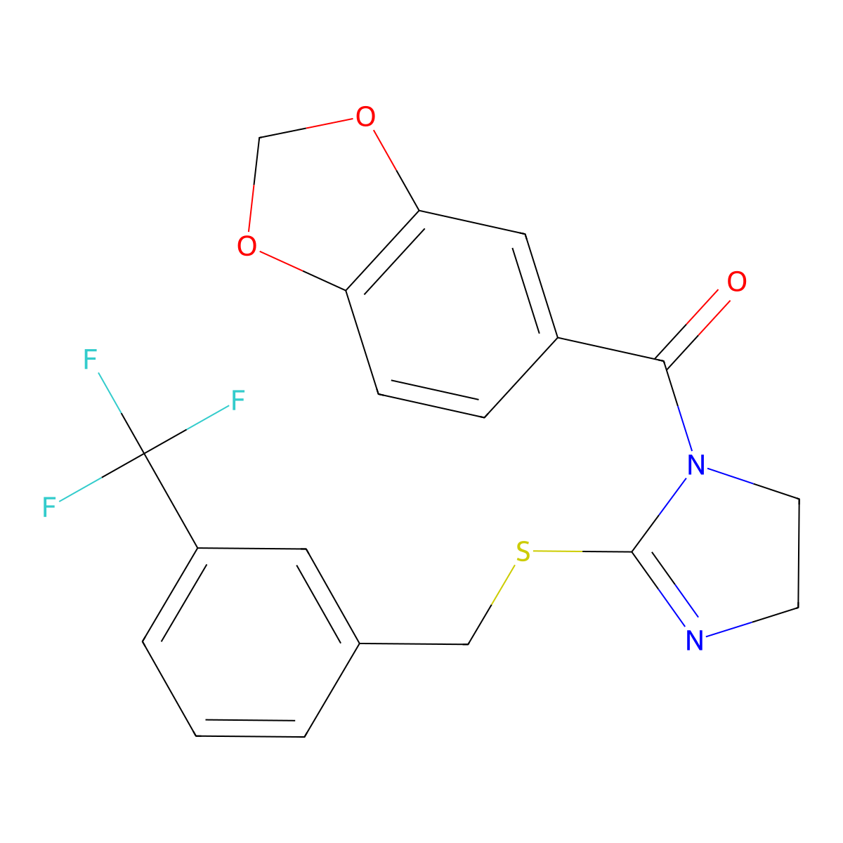 1,3-Benzodioxol-5-yl-[2-[[3-(trifluoromethyl)phenyl]methylsulfanyl]-4,5-dihydroimidazol-1-yl]methanone molecular structure, CAS 851805-67-9