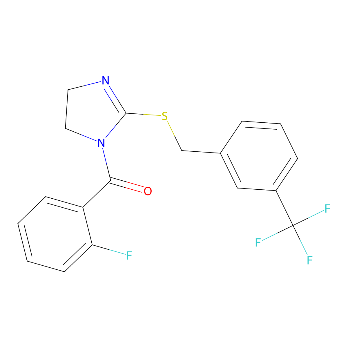 (2-Fluorophenyl)-[2-[[3-(trifluoromethyl)phenyl]methylsulfanyl]-4,5-dihydroimidazol-1-yl]methanone molecular structure, CAS 851805-69-1