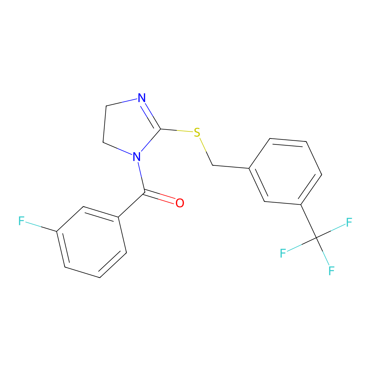 (3-fluorophenyl)(2-((3-(trifluoromethyl)benzyl)thio)-4,5-dihydro-1H-imidazol-1-yl)methanone molecular structure, CAS 851805-70-4