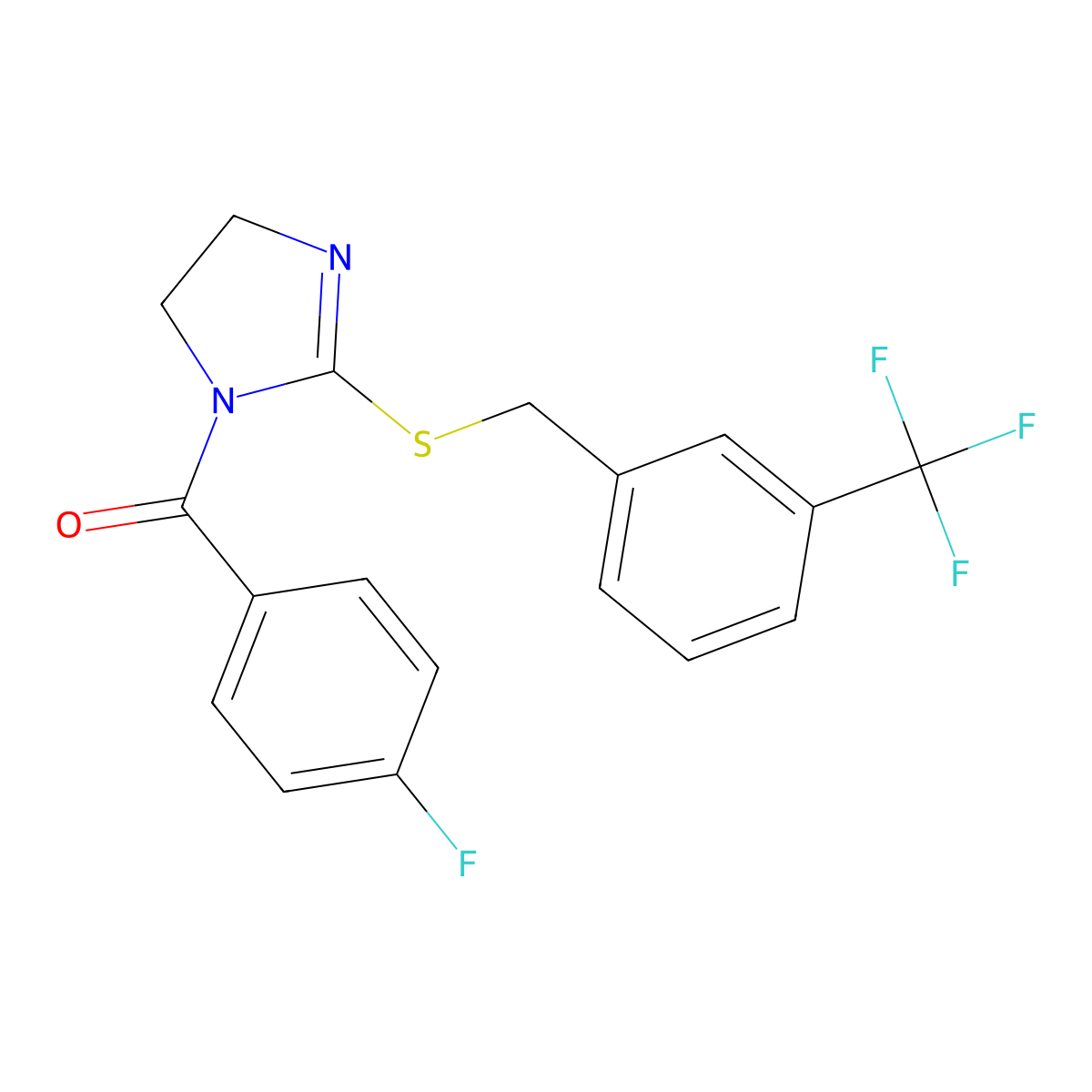 (4-fluorophenyl)(2-((3-(trifluoromethyl)benzyl)thio)-4,5-dihydro-1H-imidazol-1-yl)methanone molecular structure, CAS 851805-71-5
