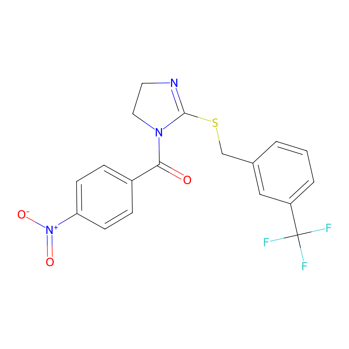 (4-Nitrophenyl)-[2-[[3-(trifluoromethyl)phenyl]methylsulfanyl]-4,5-dihydroimidazol-1-yl]methanone molecular structure, CAS 851805-74-8