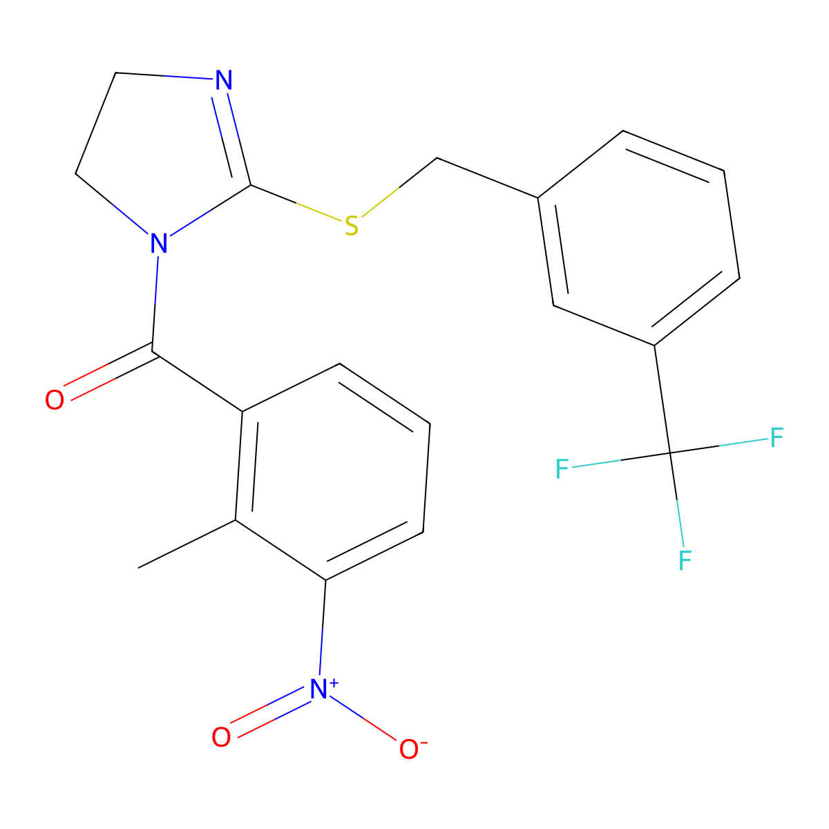 (2-methyl-3-nitrophenyl)(2-((3-(trifluoromethyl)benzyl)thio)-4,5-dihydro-1H-imidazol-1-yl)methanone molecular structure, CAS 851805-75-9