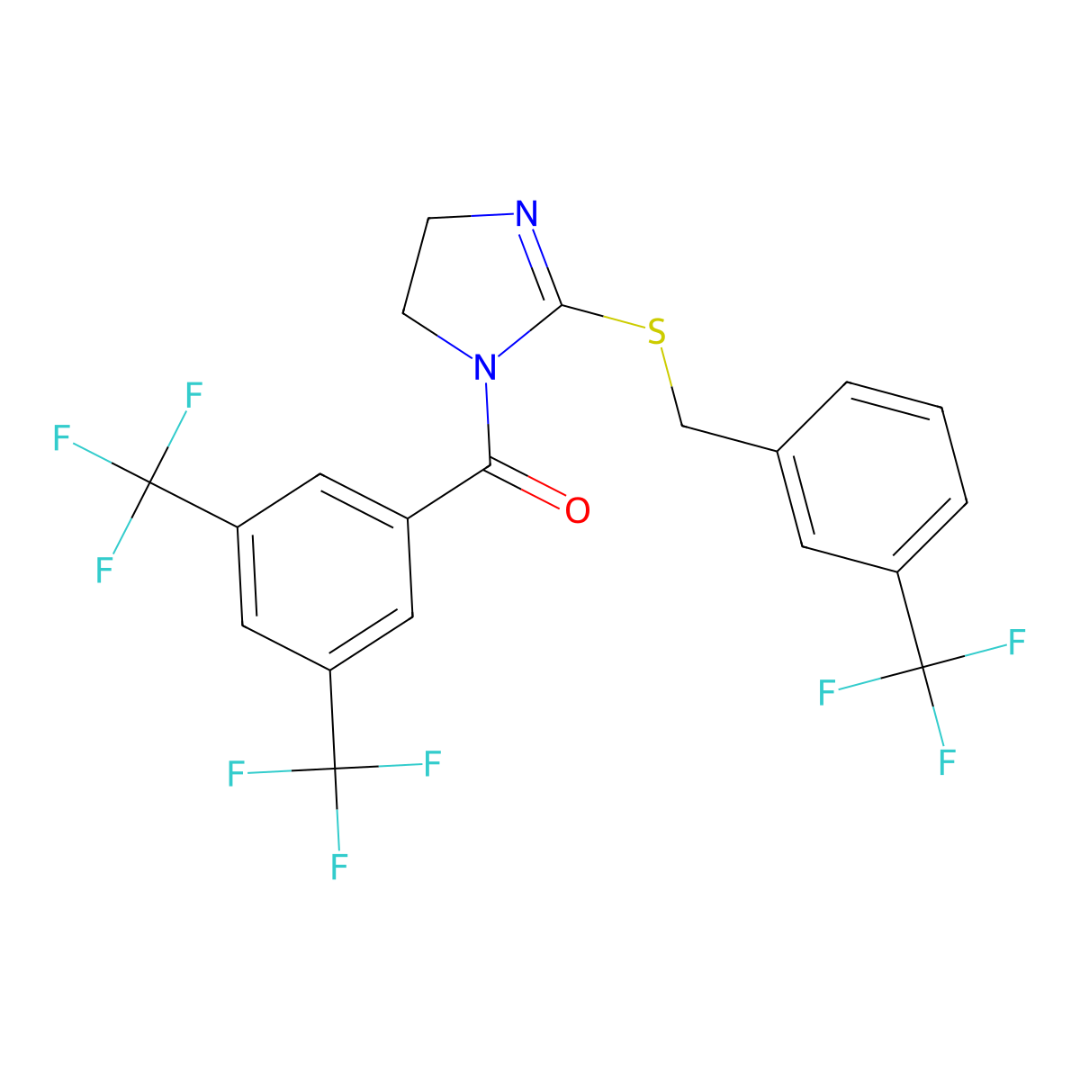 [3,5-Bis(trifluoromethyl)phenyl]-[2-[[3-(trifluoromethyl)phenyl]methylsulfanyl]-4,5-dihydroimidazol-1-yl]methanone molecular structure, CAS 851805-76-0