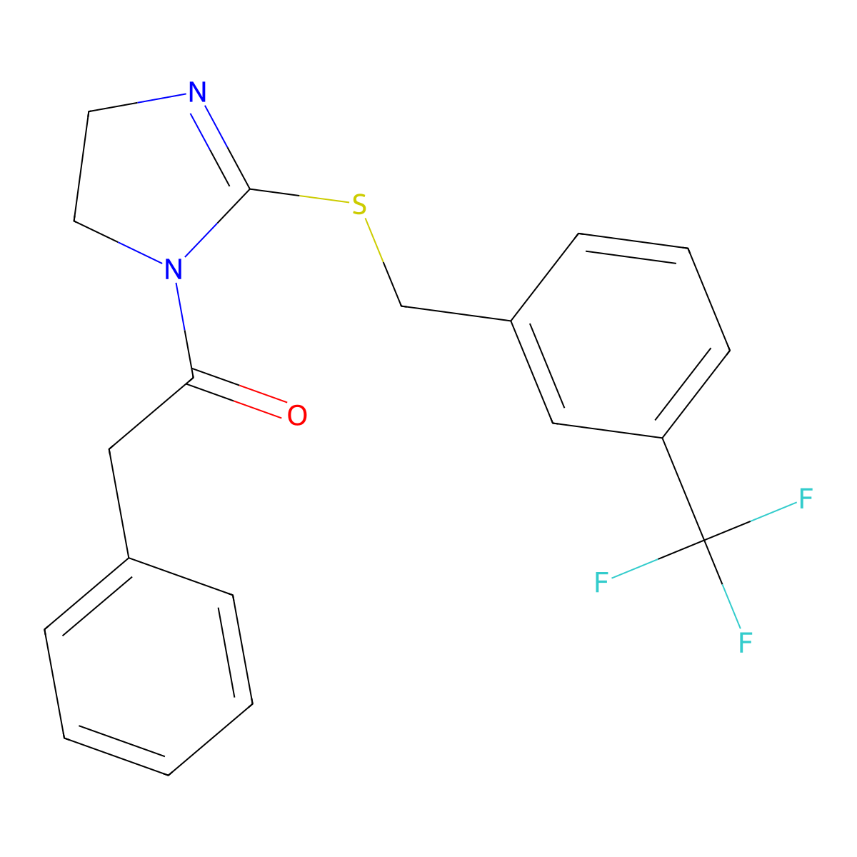 2-phenyl-1-(2-((3-(trifluoromethyl)benzyl)thio)-4,5-dihydro-1H-imidazol-1-yl)ethanone molecular structure, CAS 851805-78-2