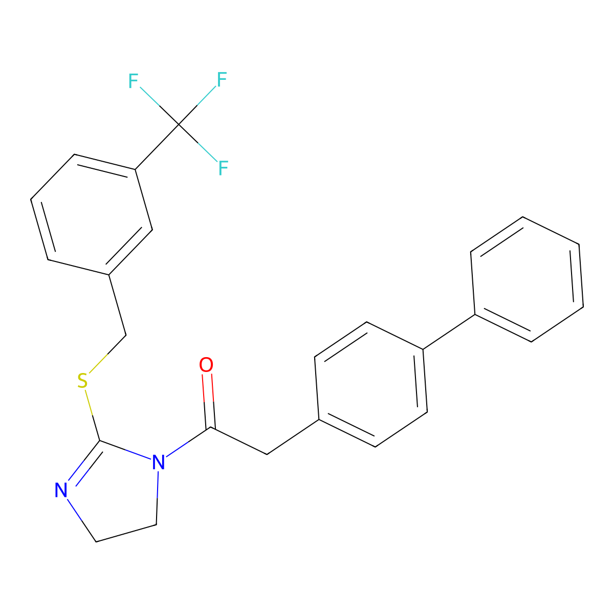 2-([1,1'-biphenyl]-4-yl)-1-(2-((3-(trifluoromethyl)benzyl)thio)-4,5-dihydro-1H-imidazol-1-yl)ethanone molecular structure, CAS 851805-81-7