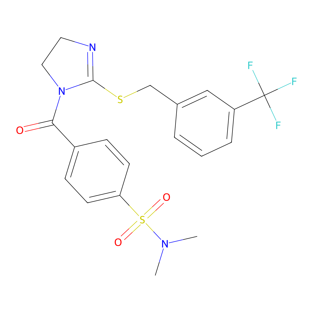 N,N-dimethyl-4-(2-((3-(trifluoromethyl)benzyl)thio)-4,5-dihydro-1H-imidazole-1-carbonyl)benzenesulfonamide molecular structure, CAS 851805-82-8
