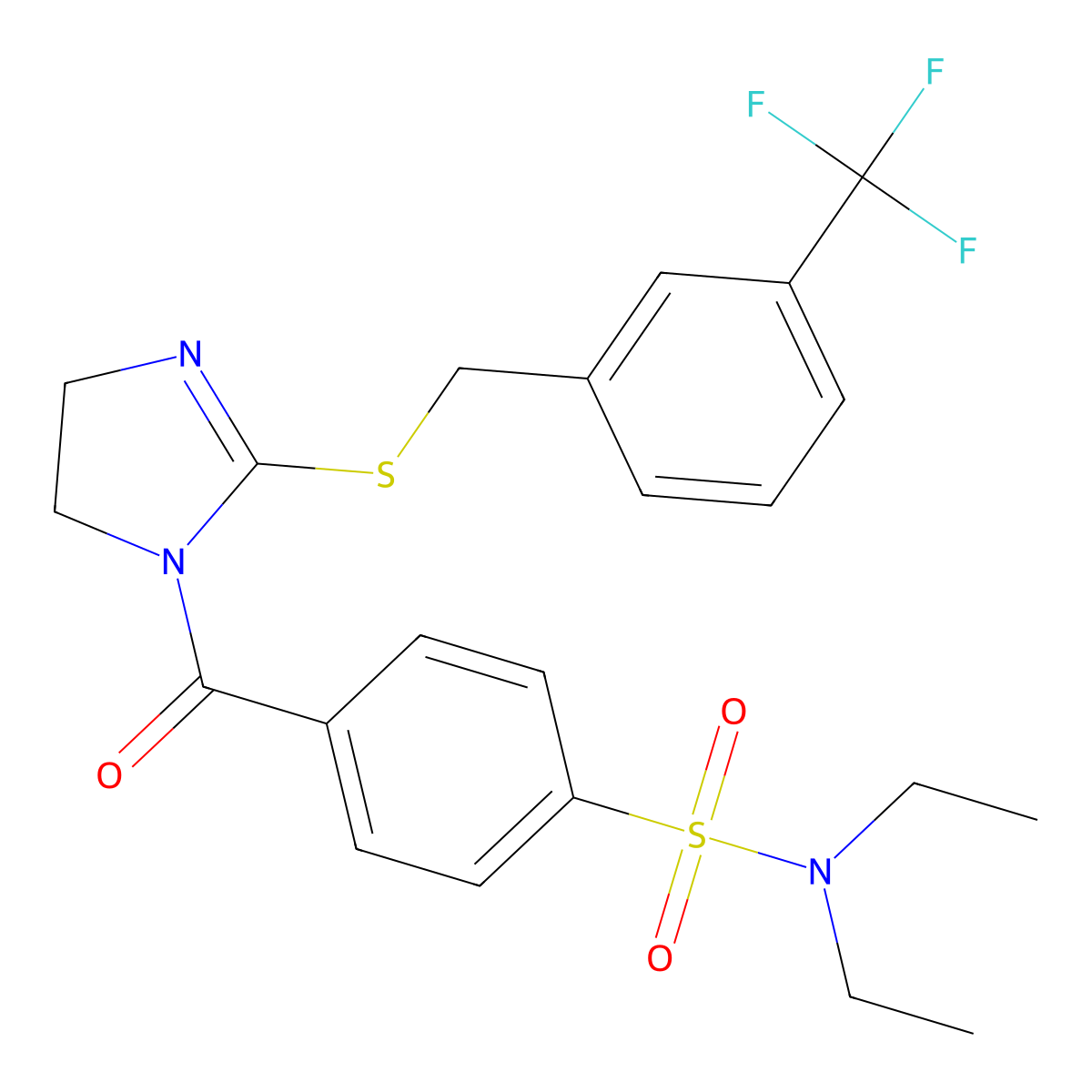 N,N-diethyl-4-[2-[[3-(trifluoromethyl)phenyl]methylsulfanyl]-4,5-dihydroimidazole-1-carbonyl]benzenesulfonamide molecular structure, CAS 851805-83-9