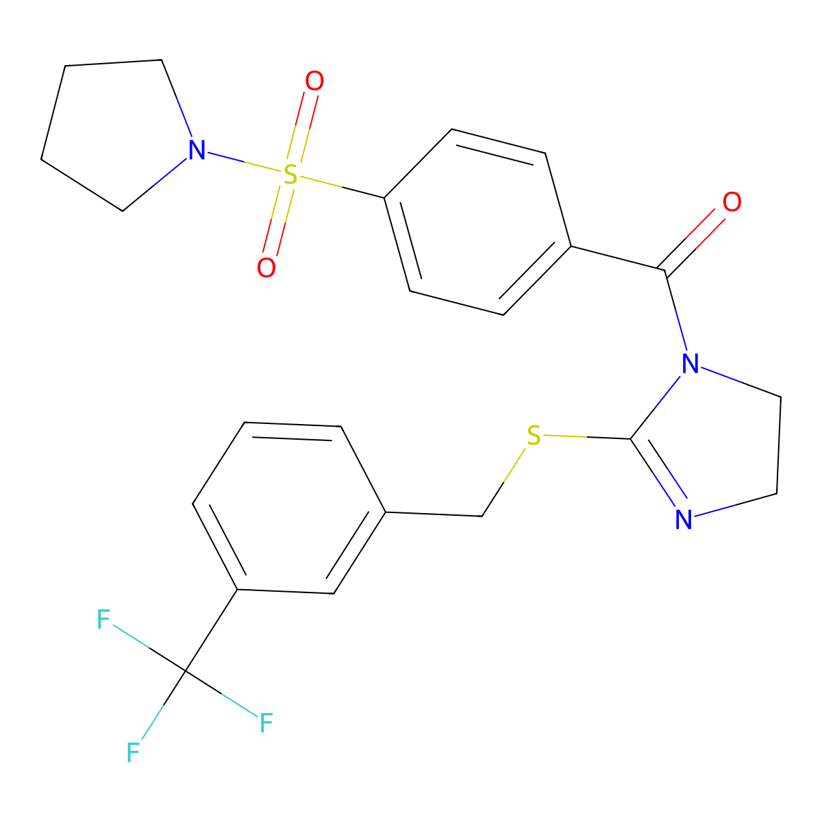 (4-(pyrrolidin-1-ylsulfonyl)phenyl)(2-((3-(trifluoromethyl)benzyl)thio)-4,5-dihydro-1H-imidazol-1-yl)methanone molecular structure, CAS 851805-84-0